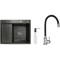 Акційний набір Lidz: мийка H6350BL інтегрована крило зліва Brushed Black PVD 3,0/1,0 мм + Змішувач Aria для кухні з гнучким виливом (k35) Black