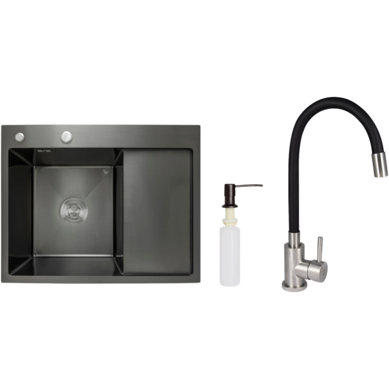 Акционный набор Lidz: мойка H6350BR интегрированная крыло справа Brushed Black PVD 3,0/1,0 мм + Смеситель Aria для кухни с гибким изливом (k35) Black