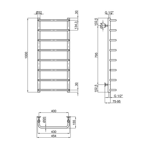 Сушка для рушників водяна Lidz Standard (CRM) D32/20х1/2" 400x1000 P9