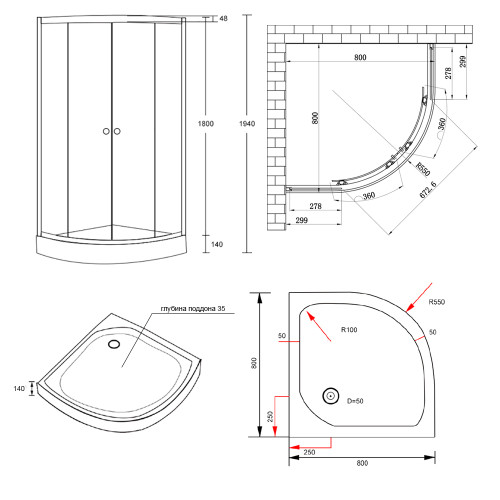 Душова кабіна Lidz Wieza SC80x80.SAT.LOW.L, скло Linie 4 мм