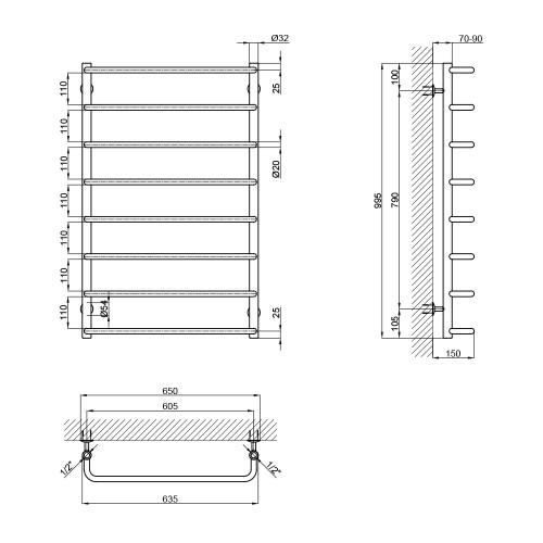 Сушка для рушників водяна Lidz Standard (CRM) D32/20х1/2" 600x1000 P9