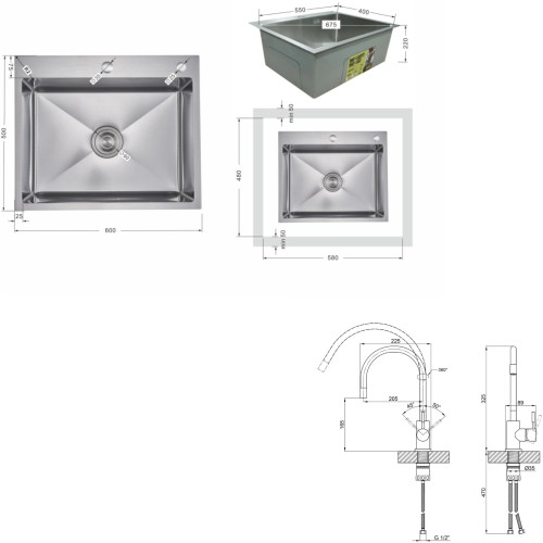 Акційний набір Lidz: мийка H6050H інтегрована Decor Honeycomb 2,5/0,5 мм LDH6050DEC48370 + Змішувач Aria для кухні з гнучким виливом (k35) Grey