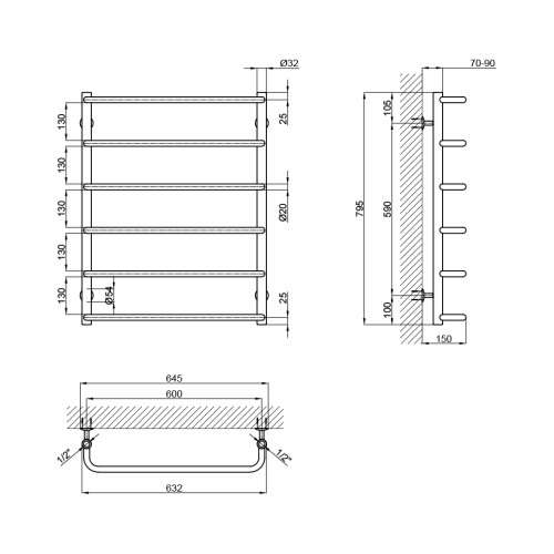 Сушка для рушників водяна Lidz Standard (CRM) D32/20х1/2" 600x800 P7
