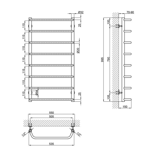 Сушка для рушників водяна Lidz Standard (CRM) D32/20х1/2" 500x1000 P9