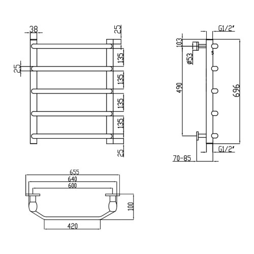 Сушка для рушників водяна Lidz Trapezium (CRM) D38/25 600x700 P6
