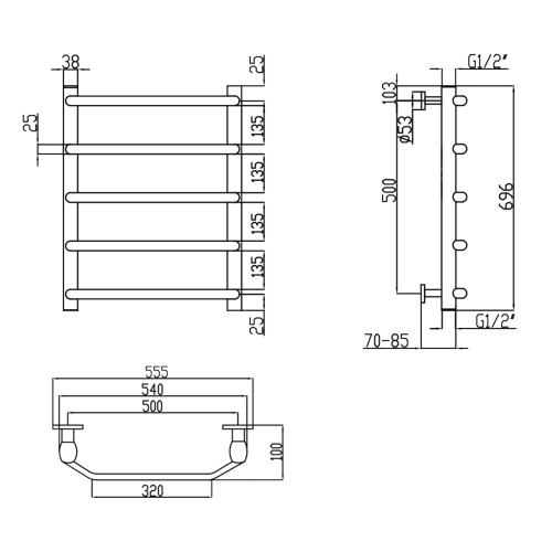 Сушка для рушників водяна Lidz Trapezium (CRM) D38/25 500x700 P6