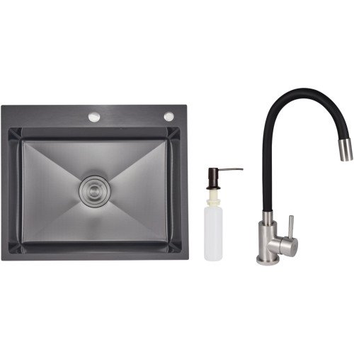 Акційний набір Lidz: мийка інтегрована Decor Black PVD Honeycomb 2,5/0,5 мм + Змішувач Aria для кухні з гнучким виливом (k35) Black