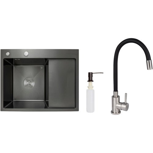 Акционный набор Lidz: мойка H6350BR интегрированная крыло справа Brushed Black PVD 3,0/1,0 мм + Смеситель Aria для кухни с гибким изливом (k35) Black