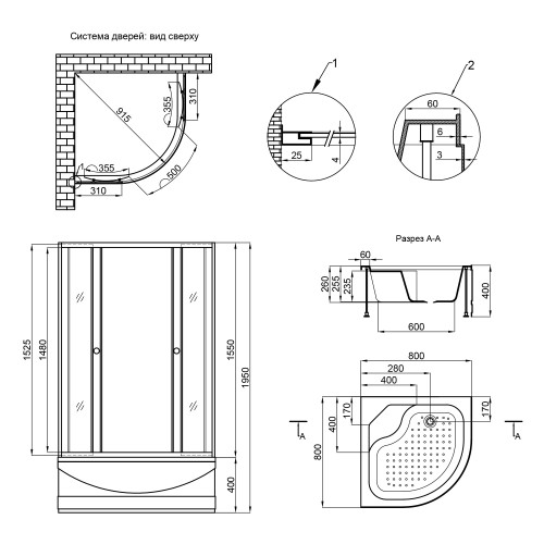 Душевая кабина Lidz Wieza SC80x80.SAT.HIGH.L, стекло Linie 4 мм