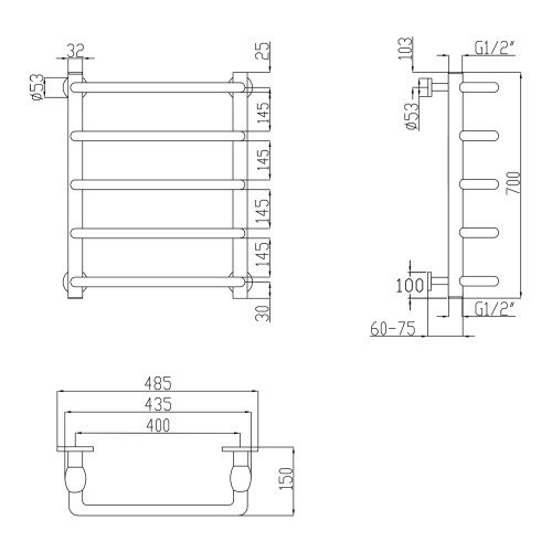 Полотенцесушитель водяной Lidz Standard (CRM) D32/20х1/2" 400x700 P5