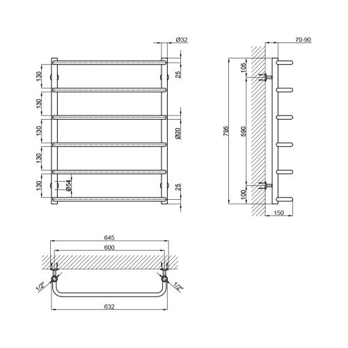 Полотенцесушитель водяной Lidz Standard (CRM) D32/20х1/2" 600x800 P6