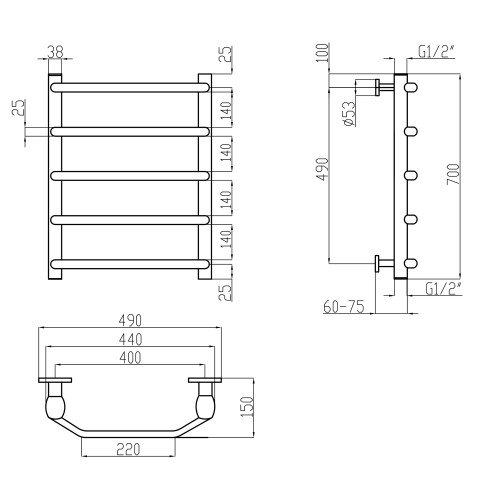 Полотенцесушитель водяной Lidz Trapezium (CRM) D38/25 400x700 P5