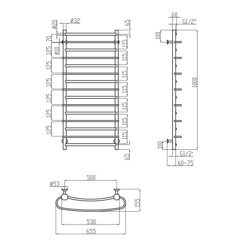 Сушка для рушників водяна Lidz Standard (CRM) РЛС D32/20х1/2" 500x1000 P7