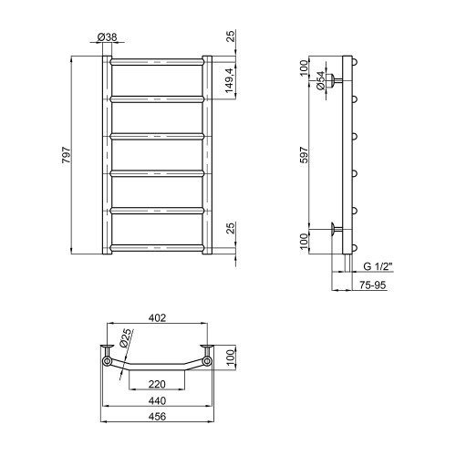 Полотенцесушитель водяной Lidz Trapezium (CRM) D38/25 400x800 P6