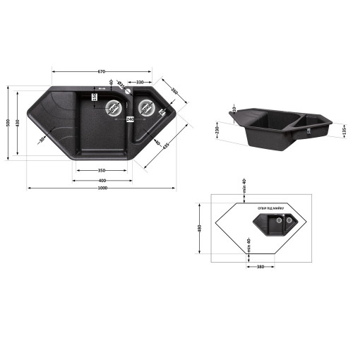 Кухонная мойка с дополнительной чашей Lidz 1000x500/225 GRF-13 (LIDZGRF131000500225)