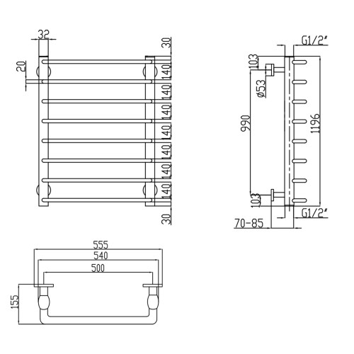 Полотенцесушитель водяной Lidz Standard (CRM) D32/20х1/2" 500x1200 P8
