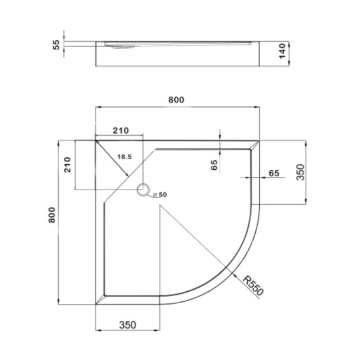 Душовий піддон Lidz KAPIELKA ST80x80x14 низький, напівкруглий, діаметр зливу 52 мм