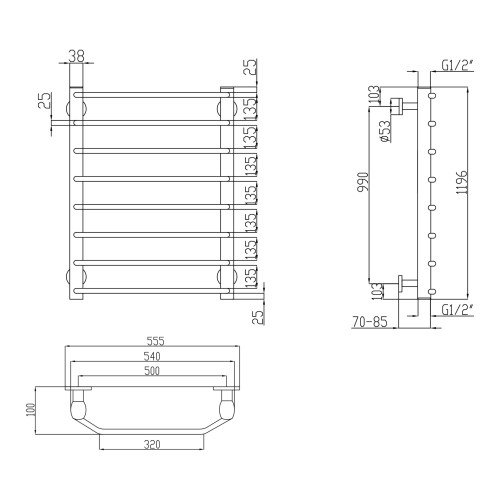 Полотенцесушитель водяной Lidz Trapezium (CRM) D38/25 500x1200 P8