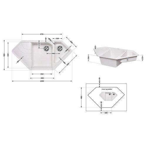 Кухонная мойка с дополнительной чашей Lidz 1000x500/225 WHI-01 (LIDZWHI011000500225)